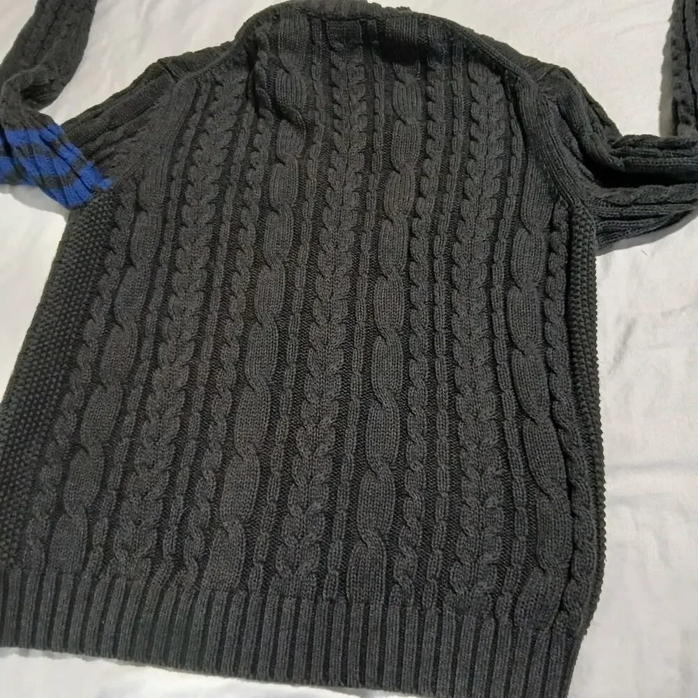 Gap XL Men's Cable-Knit Dark Grey Button-Up Cardigan 100% Cotton Striped-Sleeve